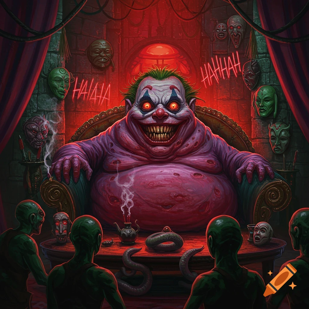 A grotesque, obese clown-like figure with glowing red eyes sits on a throne, surrounded by green figures and masks, under red neon 'HAHAHA' text.
