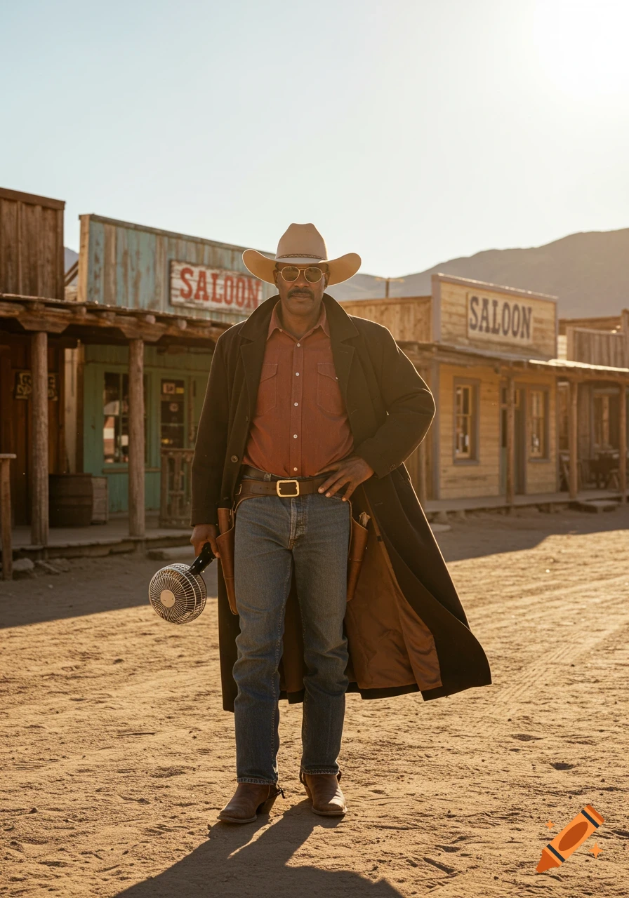 A Black man dressed as a cowboy in a duster coat, hat, and sunglasses stands in a dusty Western town, holding a modern portable fan.