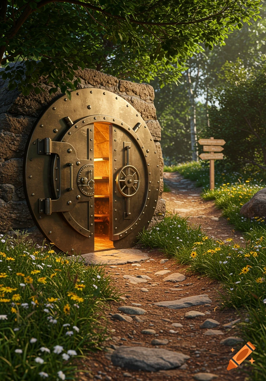 A large brass vault door, slightly ajar and glowing, is built into a stone wall beside a dirt path in a sunny forest.
