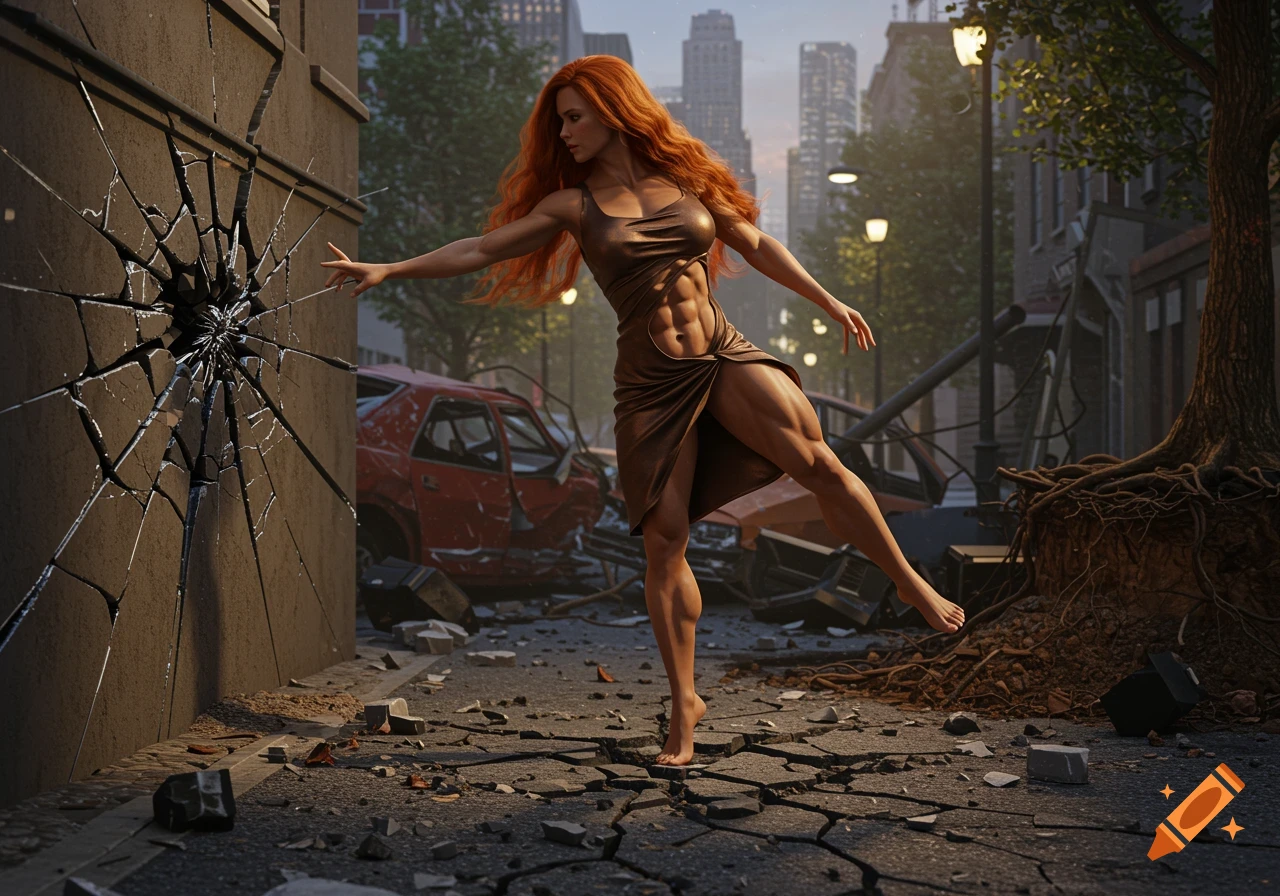 A super-strong, muscular woman with long red hair and a brown dress stands barefoot amidst a destroyed city street, touching a cracked wall.