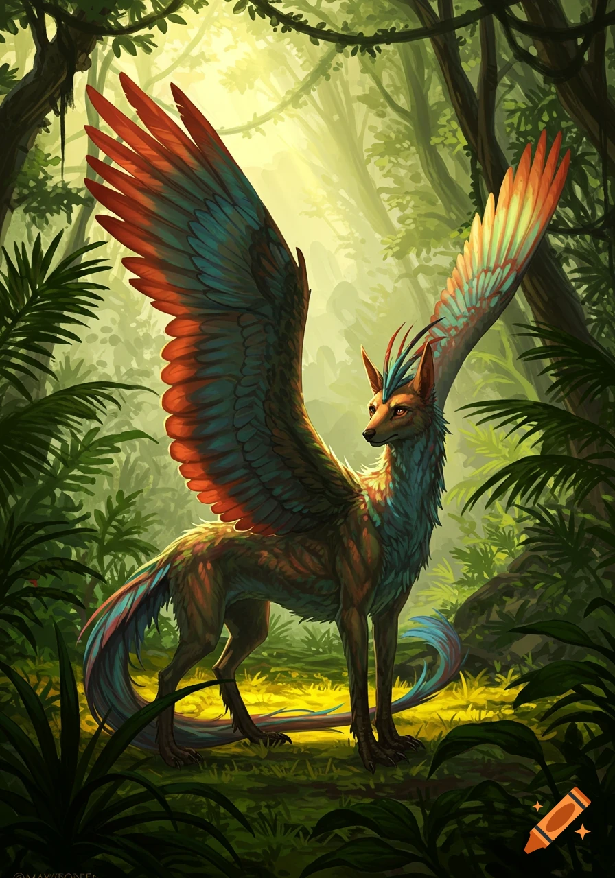 A colorful winged creature with a dog-like head and feathered body stands in a vibrant, sunlit jungle.