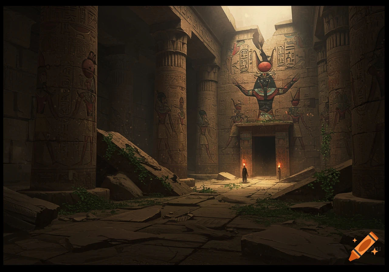 A lone figure stands in a dark, crumbling ancient Egyptian temple with tall pillars covered in hieroglyphs and a large, colorful deity carving.