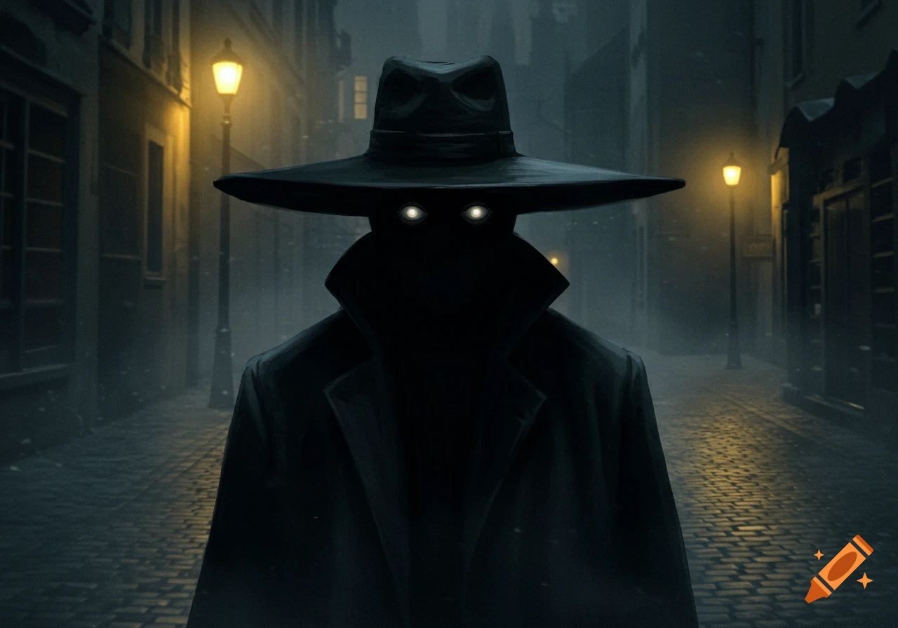 A dark shadowy figure with glowing white eyes and a wide-brimmed hat stands in a misty, lamp-lit cobblestone alley.