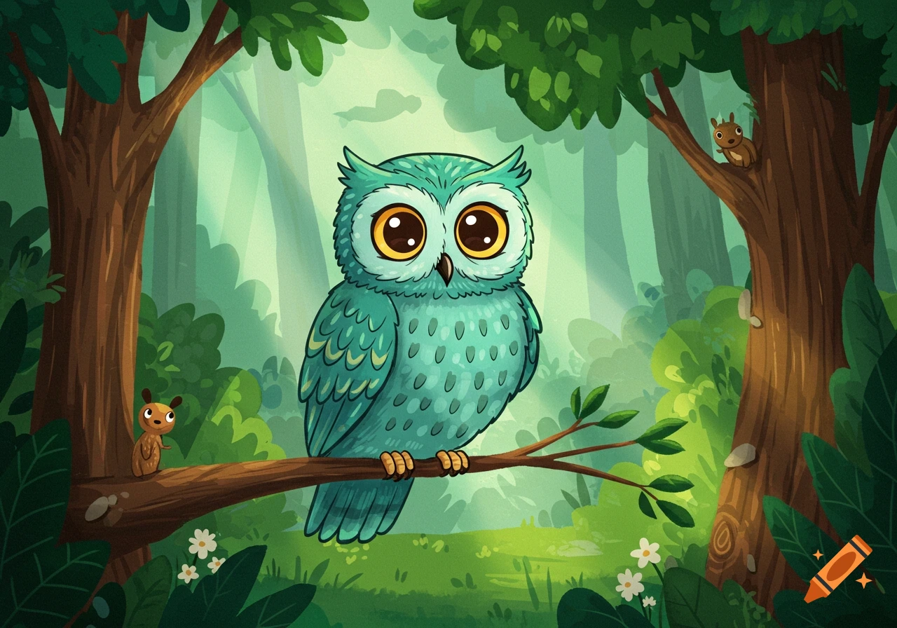 A cute cartoon teal owl with large yellow eyes sits on a tree branch in a vibrant green forest, with small animals nearby.