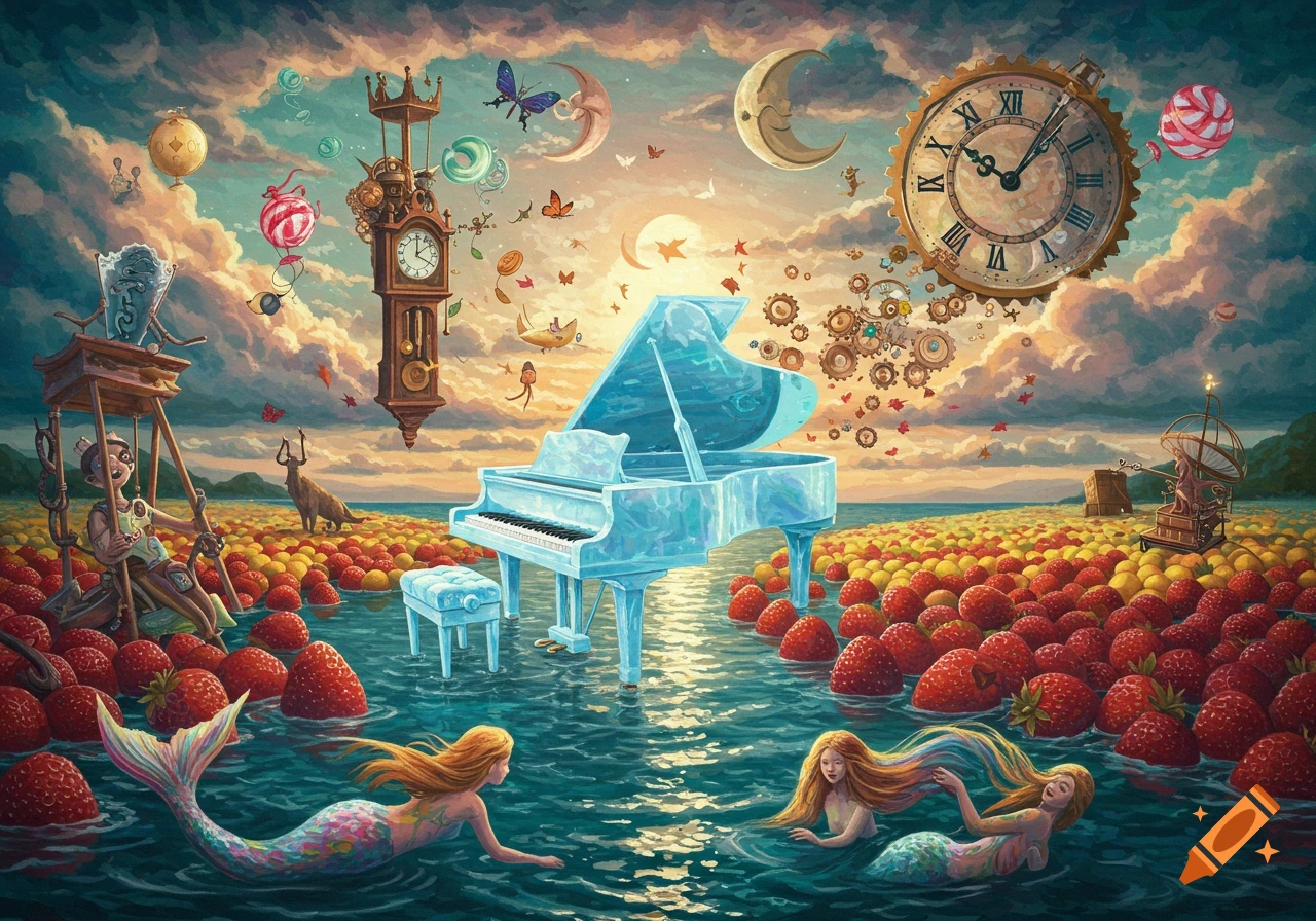 A whimsical, dreamlike landscape with a crystal grand piano floating on water amidst giant strawberries. Mermaids swim nearby, while clocks, butterflies, and a person on a swing float in the sky.