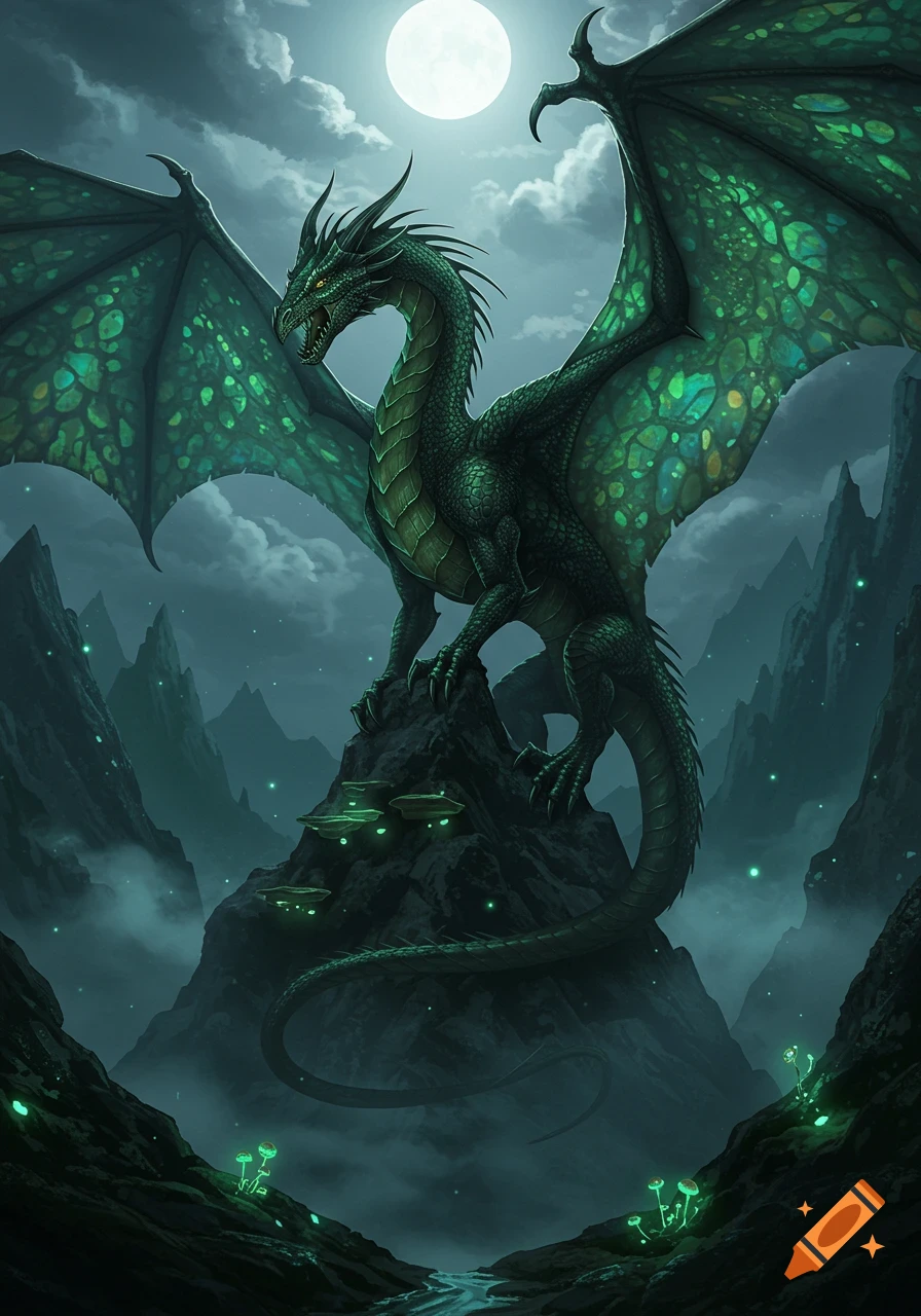 A majestic green dragon with large wings stands atop a rocky mountain peak under a glowing full moon in a mystical, foggy landscape.