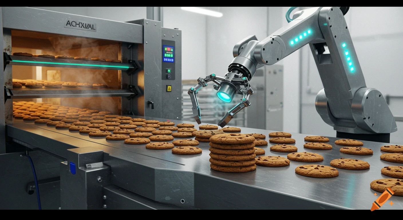 A robotic arm works on a conveyor belt filled with cookies in a modern factory setting, with ovens in the background.