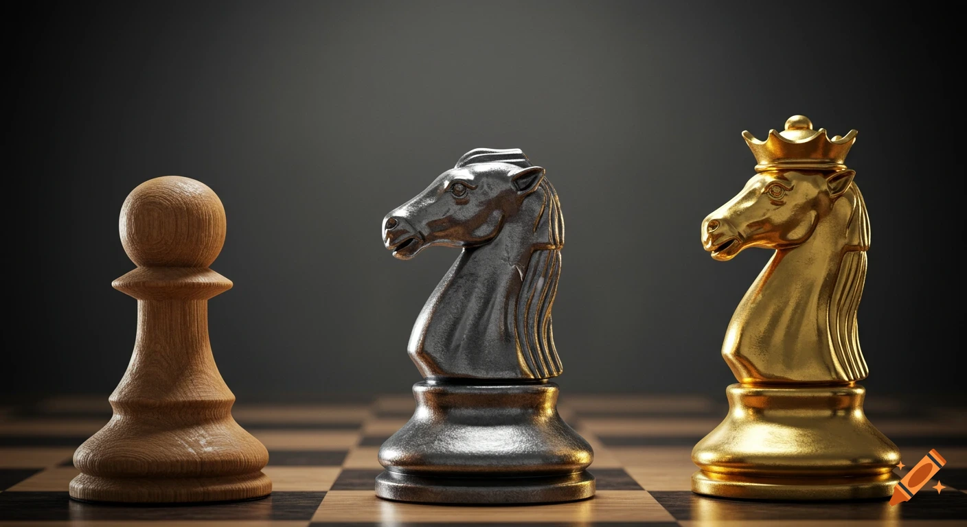A wooden pawn, a silver knight, and a golden knight on a chessboard.