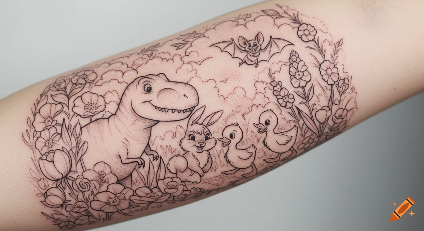 A black and grey line art tattoo on an arm depicting a smiling T-Rex, bunny, two ducklings, and a bat amidst a whimsical garden of flowers.