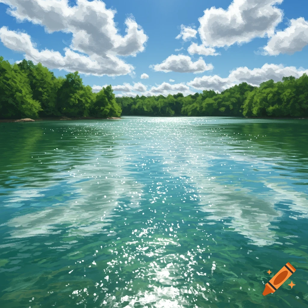 A calm lake or river with sparkling water, surrounded by green trees under a blue sky with white clouds.