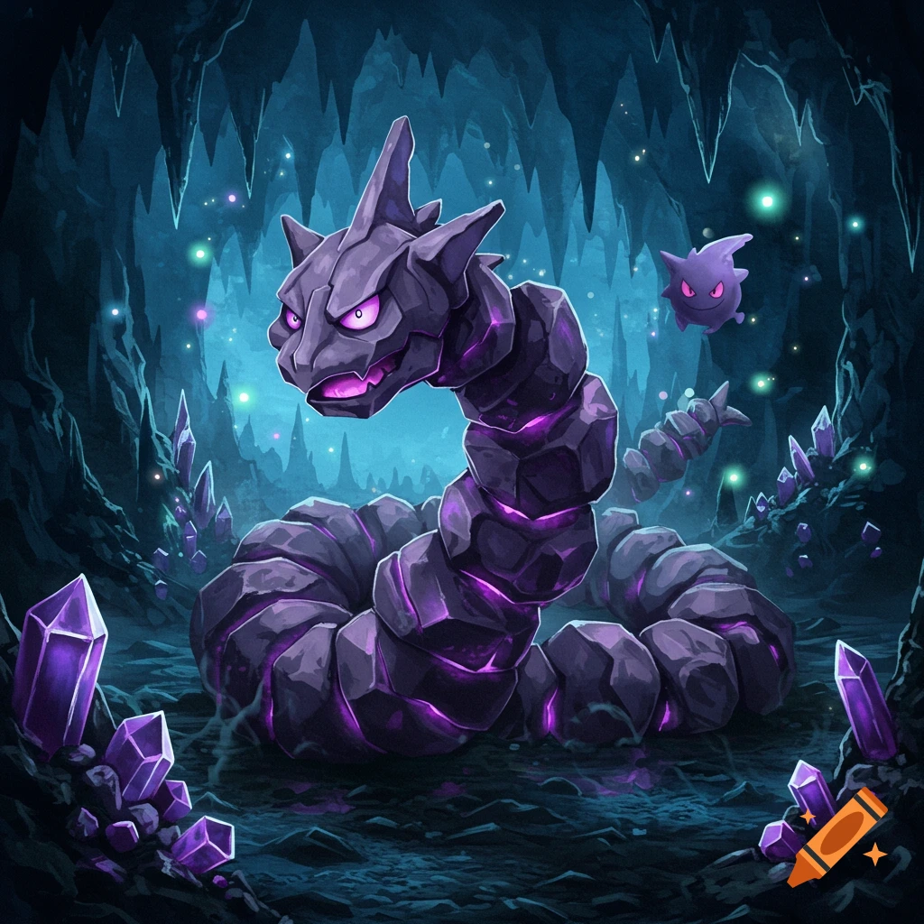 A purple, rock-like Onix with glowing purple details in a dark, crystal-filled cave, with a small purple Gengar floating nearby.
