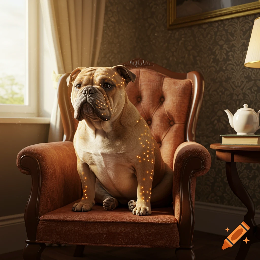 A photorealistic British bulldog sits on a brown armchair in a sunlit room, covered with small glowing orange dots.