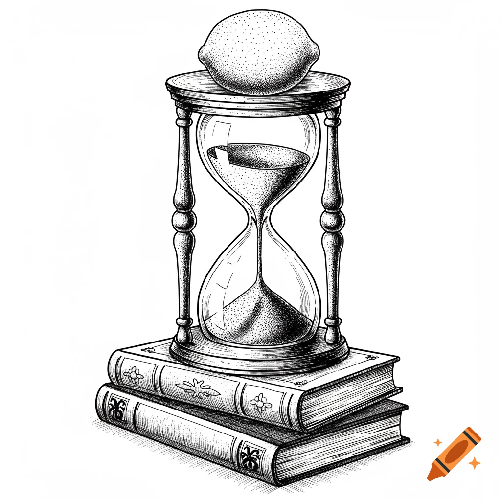 Black and white ink illustration of a lemon on an hourglass, which sits on a stack of two books.
