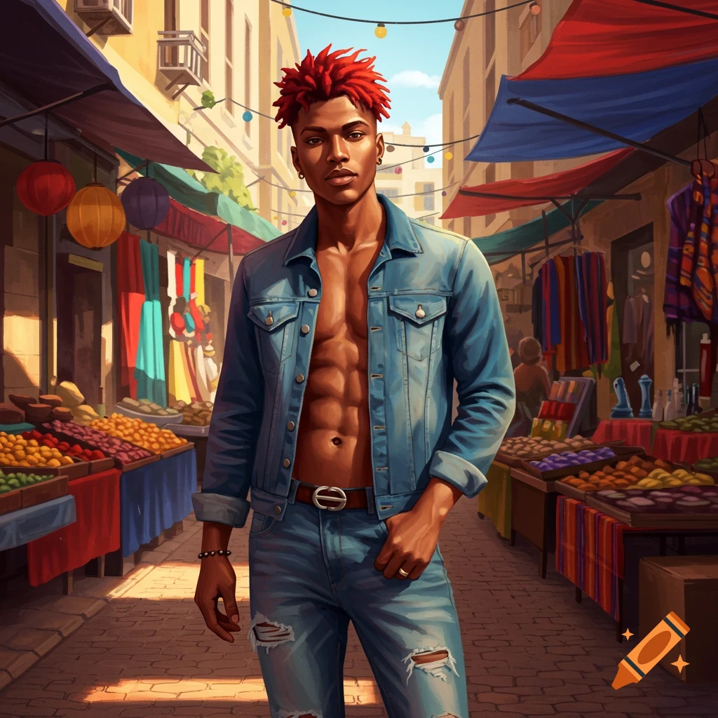 A tan-skinned man with red dreadlocks in an open denim jacket and ripped jeans stands confidently in a bustling outdoor market street. Digital art.