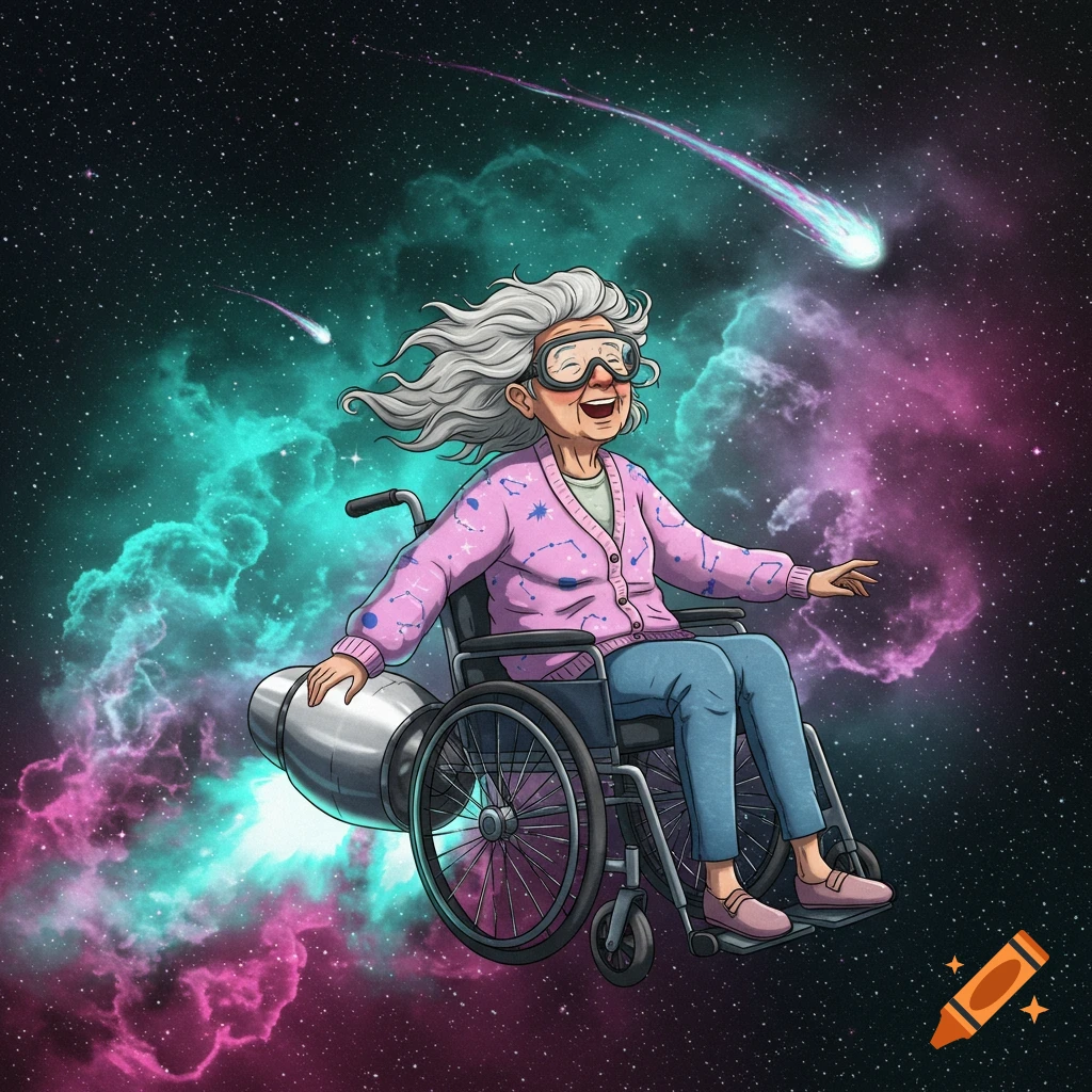 A smiling grandma with goggles flies through colorful space in a rocket-powered wheelchair, in a vibrant cartoon style.