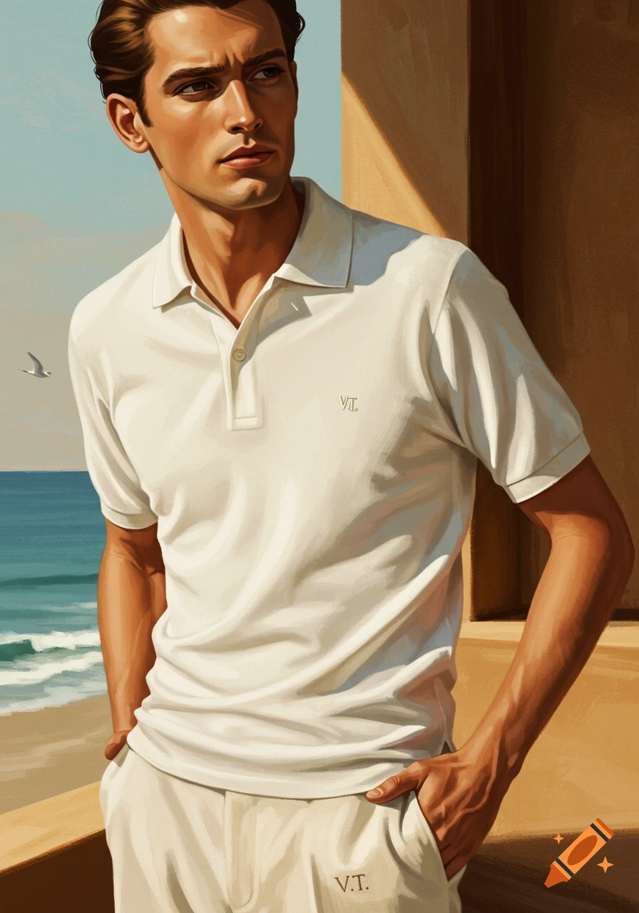 A man in a white polo shirt with "VT." embroidered on it and white pants stands on a balcony overlooking the ocean.