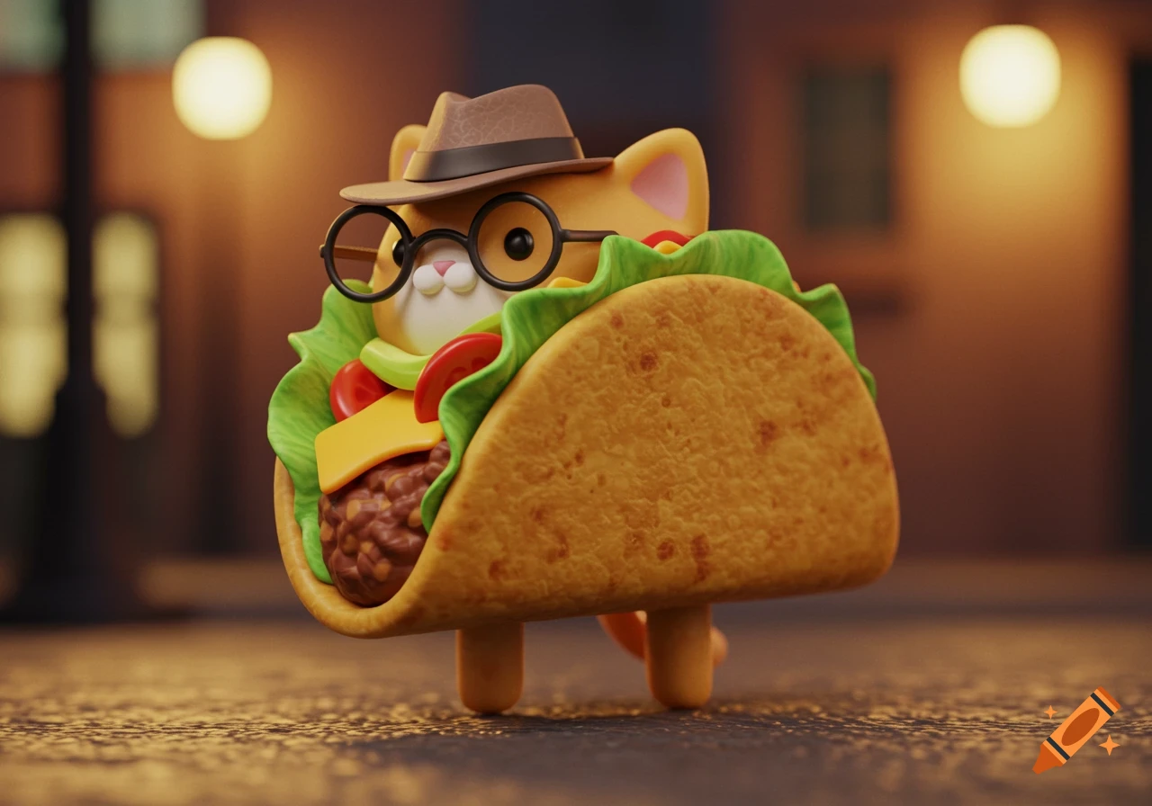 A cute 3D cartoon cat character wearing a fedora and glasses peeking out of a taco shell with ingredients, standing on a street.