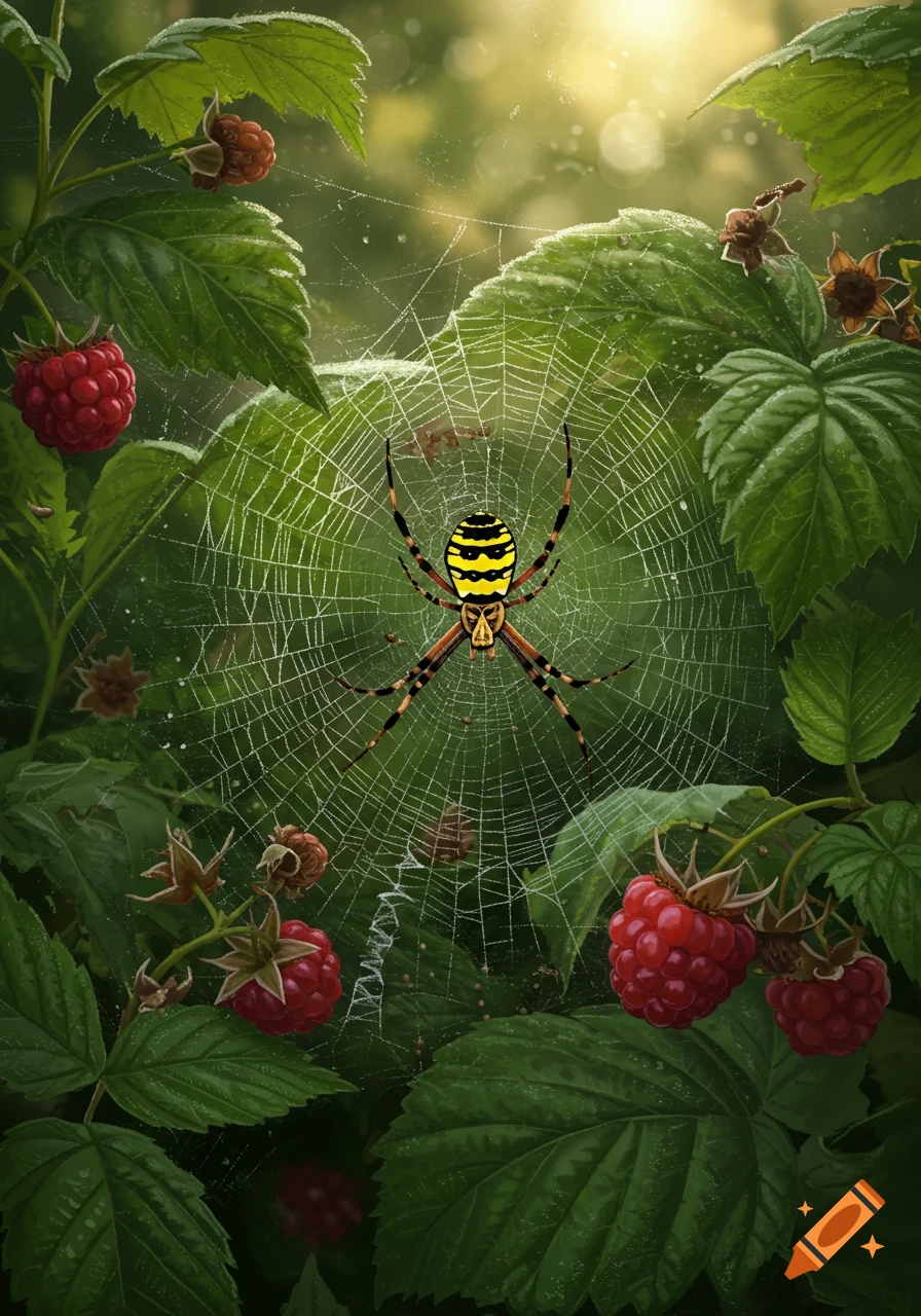 A detailed illustration of a yellow and black garden spider on its dew-covered web amidst green raspberry leaves and ripe red berries.