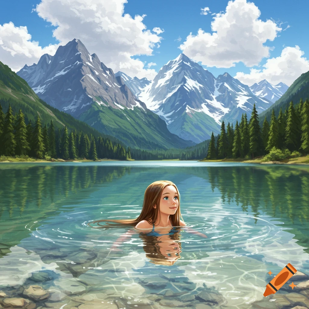 A girl with long brown hair swims in a clear lake, surrounded by towering, snow-capped mountains and green forests under a blue sky.