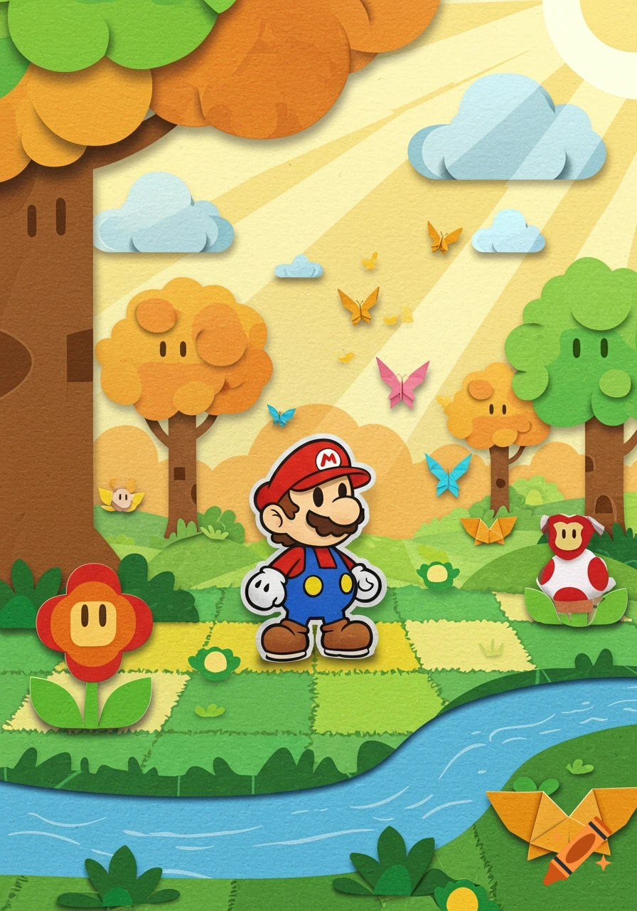 Papercraft style illustration of Mario in a vibrant, sunny landscape with trees, clouds, and a river.