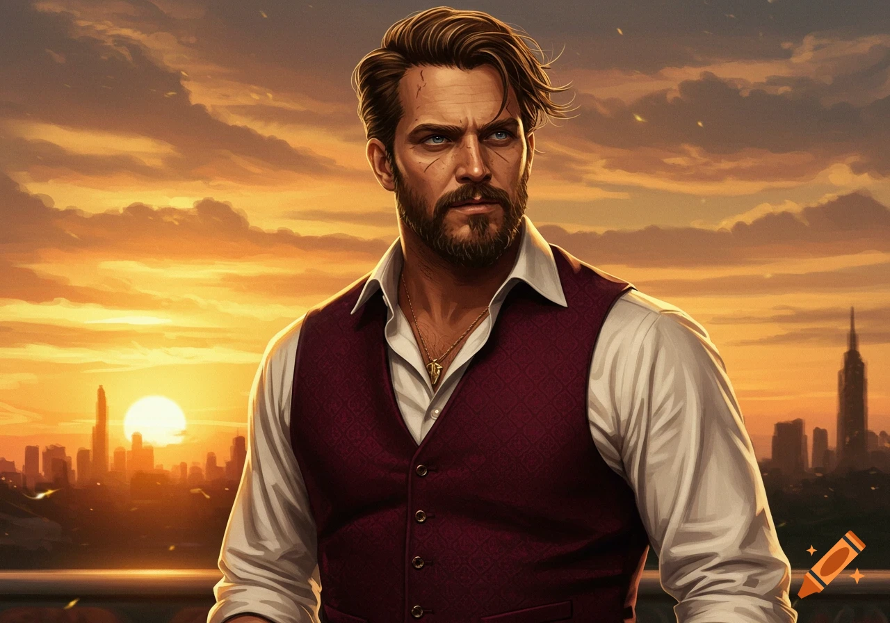 Photorealistic portrait of a bearded man in a vest, standing against a vibrant sunset over a city skyline.