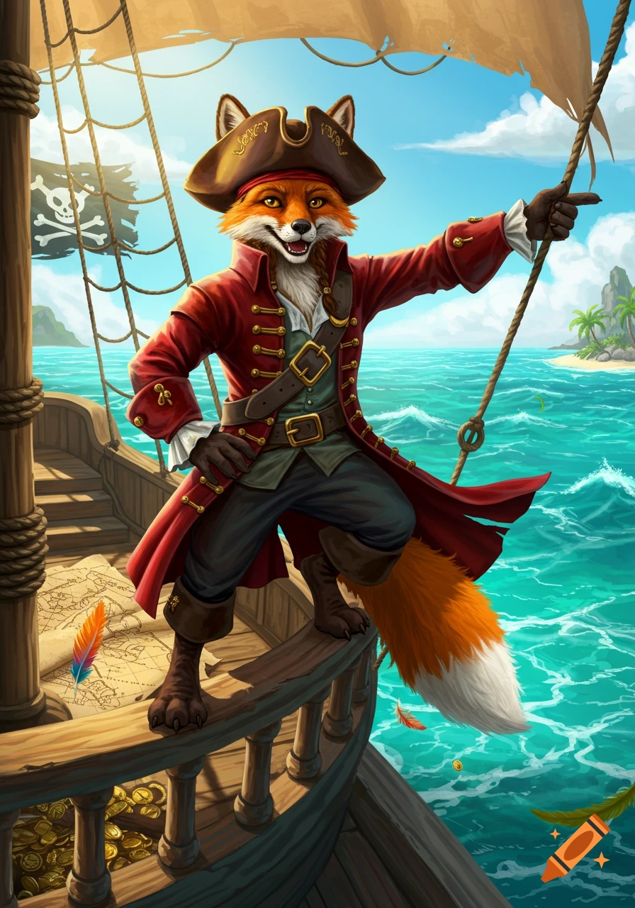 An anthropomorphic fox pirate in a red coat stands on a ship's railing, pointing towards a tropical island.