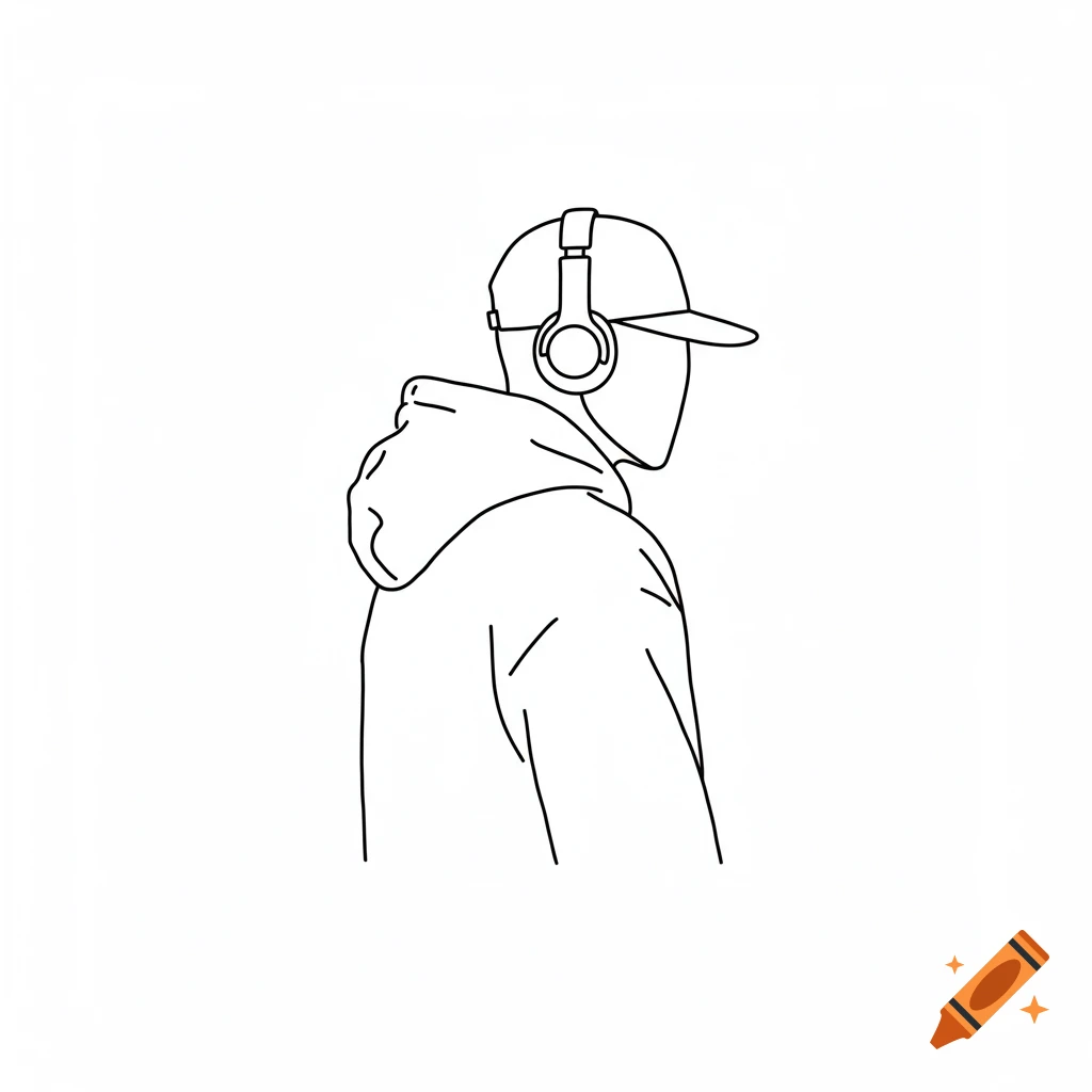 Minimalist black and white line art of a person from behind wearing a hoodie, cap, and headphones.