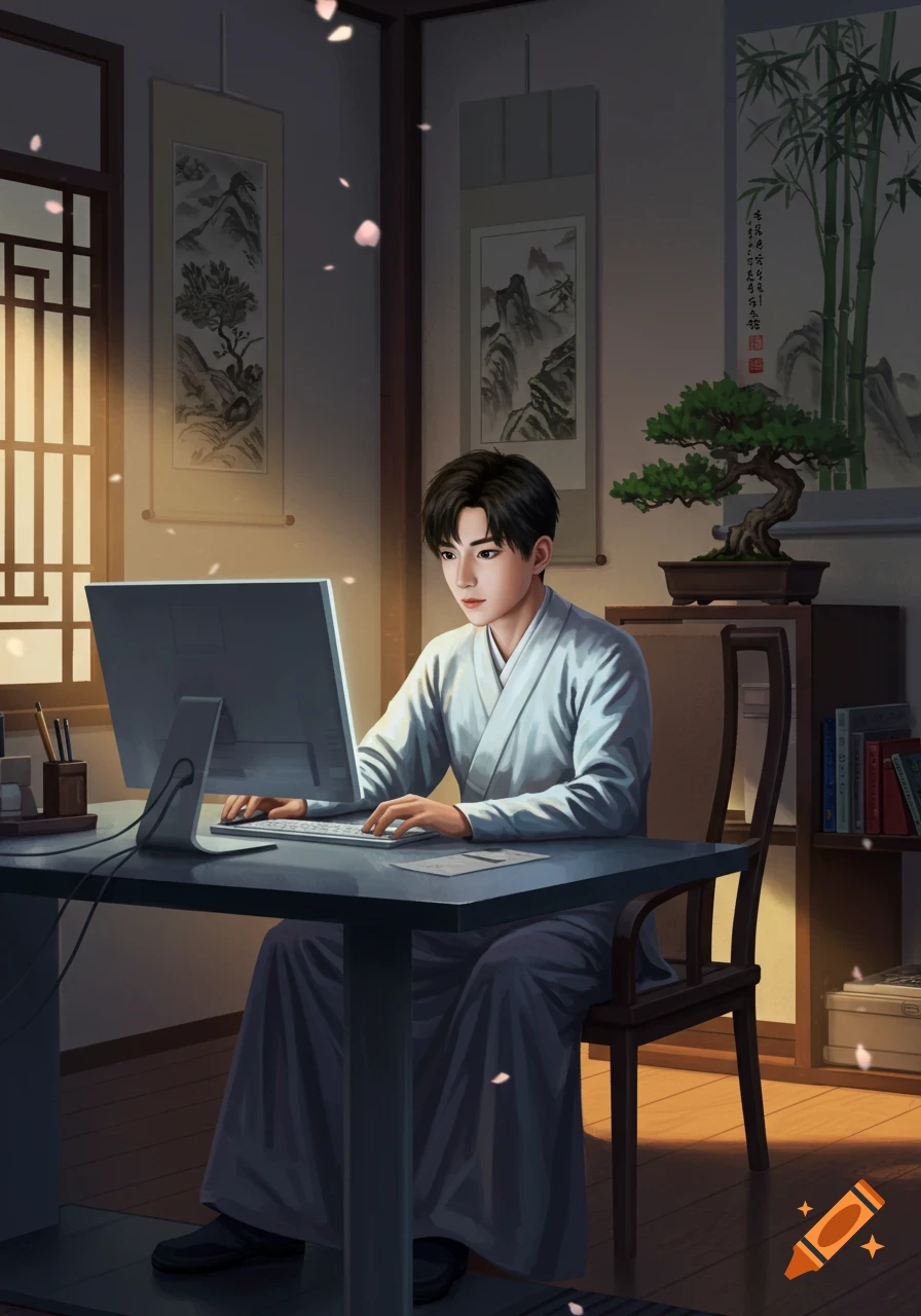 Young East Asian man in traditional robes using a computer at a desk in a room with Chinese scrolls.