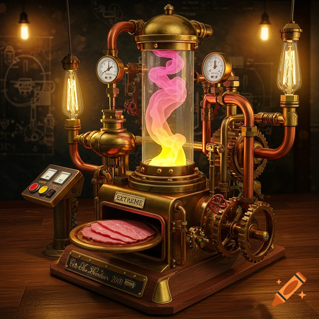A highly detailed steampunk machine with brass pipes, gears, glowing pink and yellow energy in a glass tube, and a tray of sliced ham.