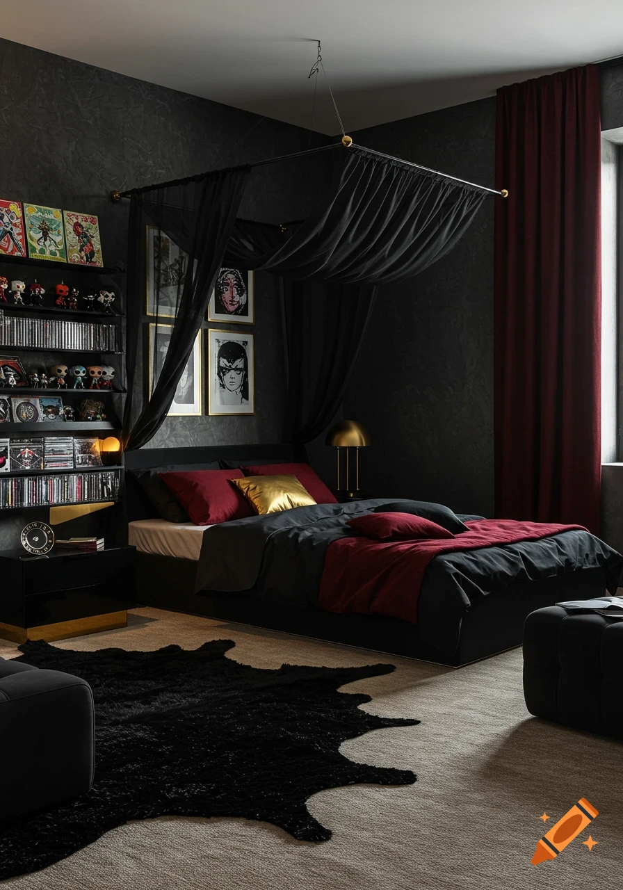 A dark, luxurious bedroom with a black canopy bed, red and gold accents, a faux fur rug, and a bookshelf of collectibles.