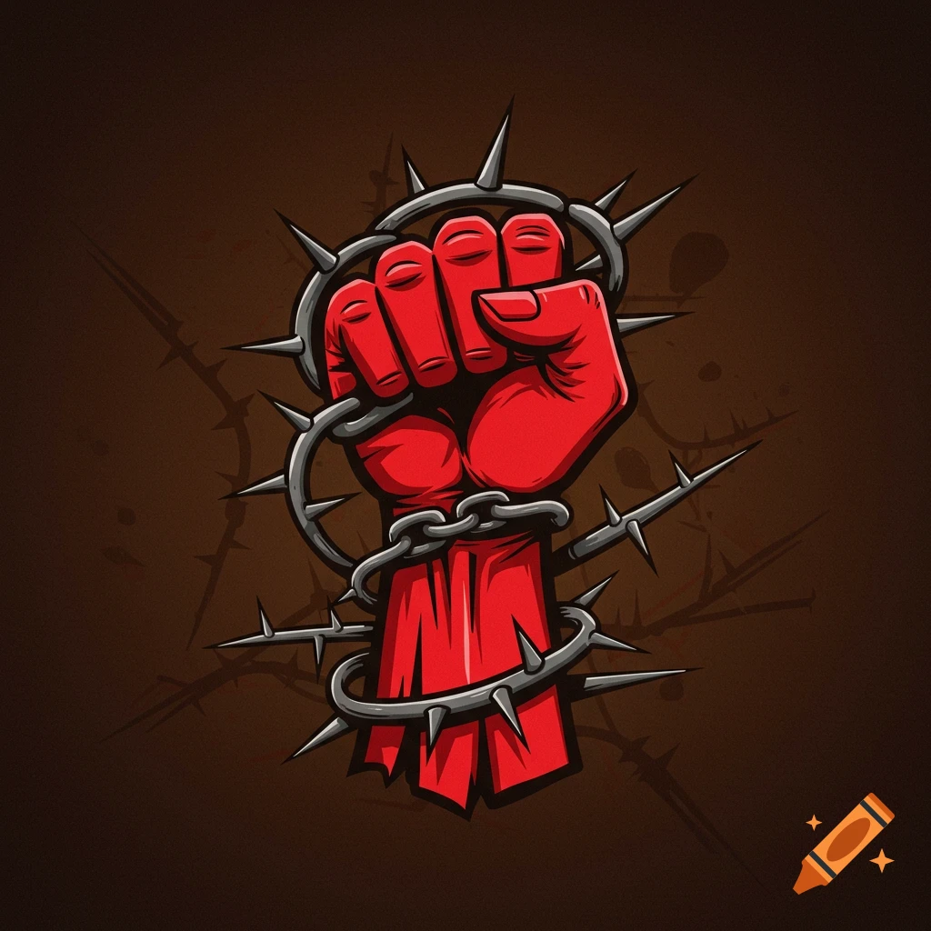 A vibrant red clenched fist wrapped in a silver thorned chain, depicted in a bold illustration style.