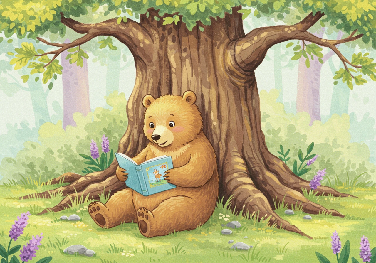 friendly bear reading under tree in soft watercolor style with pastel colors