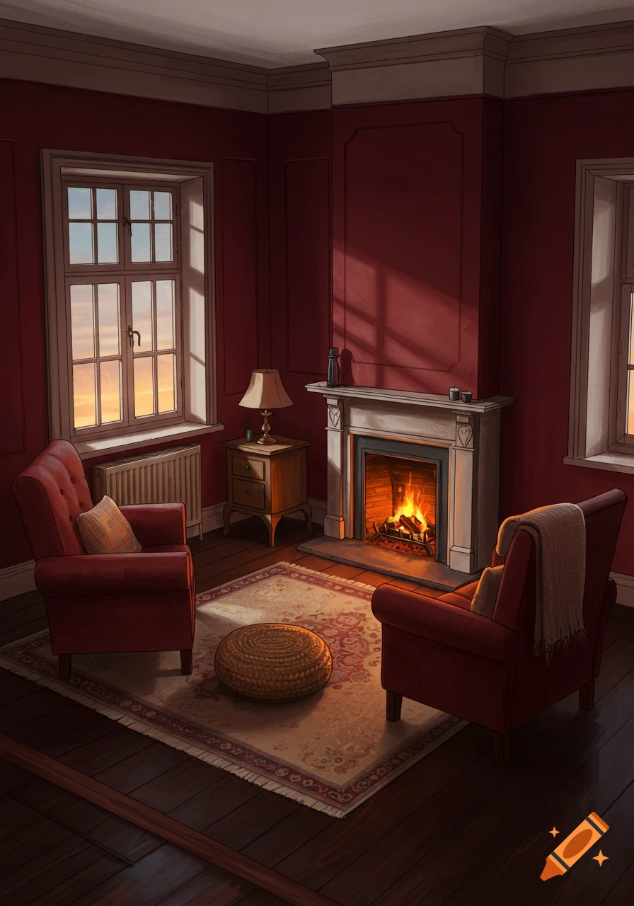 Cozy living room with red walls, two armchairs, a lit fireplace, and a window overlooking a sunset, in an illustrative style.