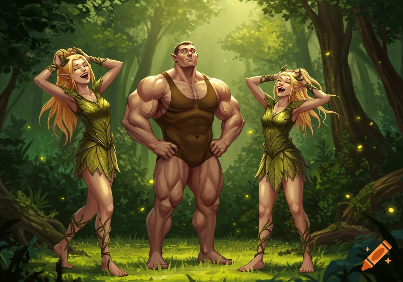 Two laughing female elves in leafy dresses stand on either side of a muscular male bodybuilder in a brown singlet, all in a lush green forest.