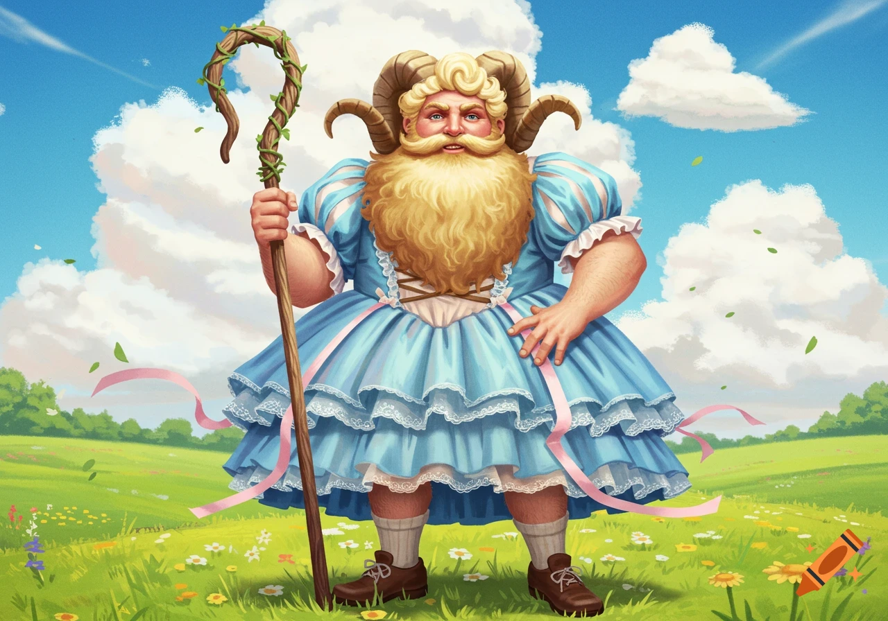 A man with a long blonde beard and ram horns wearing a light blue ruffled dress and holding a shepherd's crook in a grassy field.