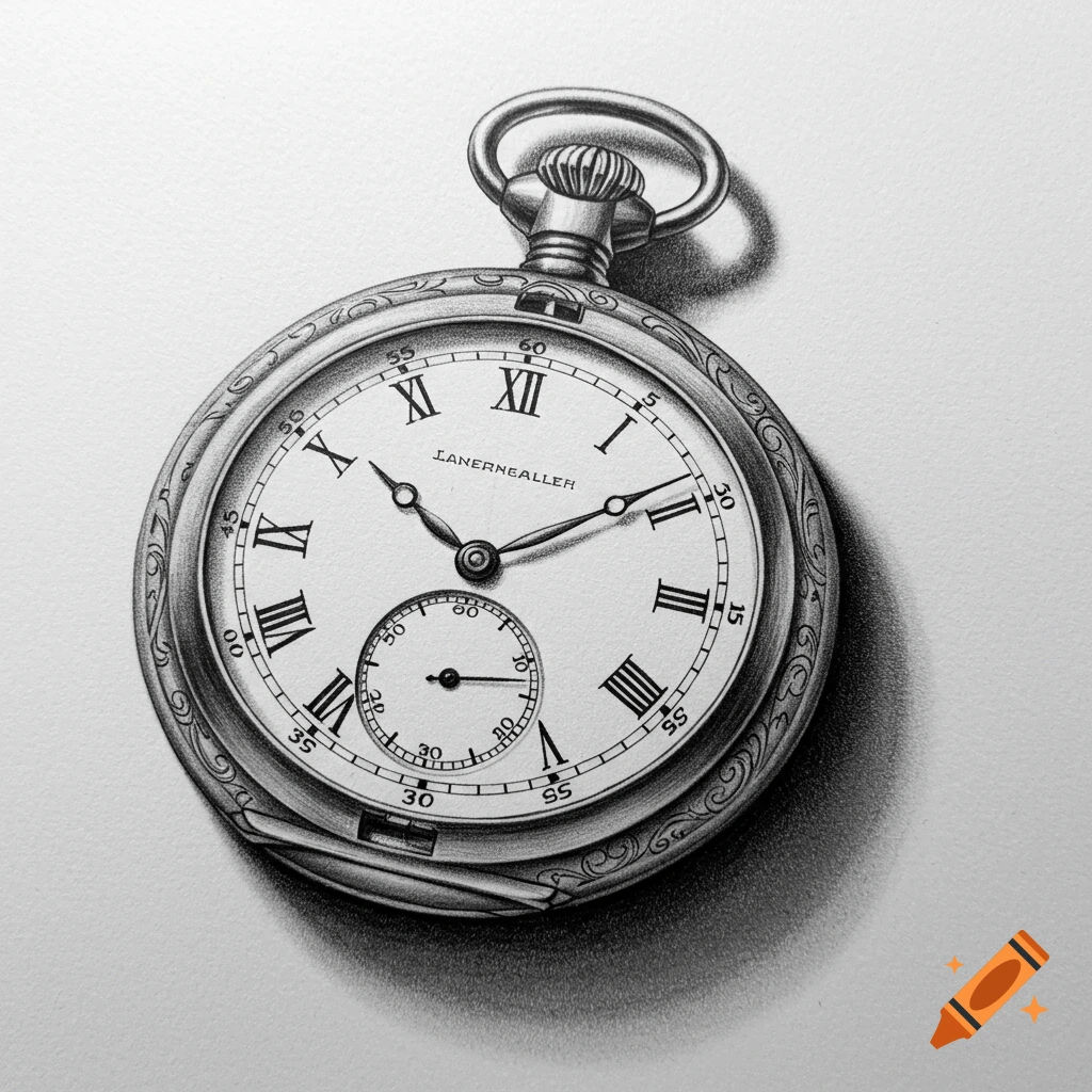 A detailed black and white sketch of an antique pocket watch with Roman numerals on a white background.