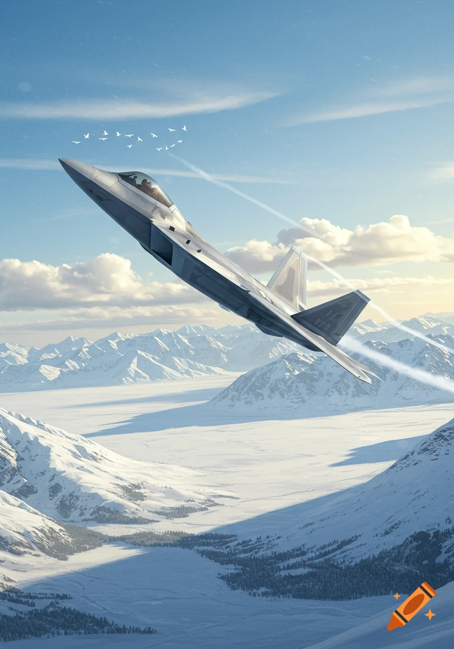 F-22 fighter jet flying over snow-covered mountains in Alaska with a flock of birds.