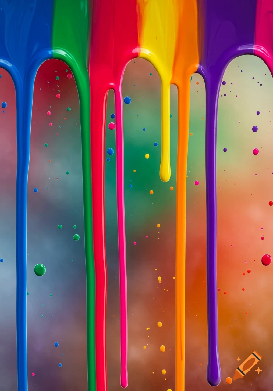 Vibrant multi-colored paint streams dripping downwards against a blurred background with paint splatters.