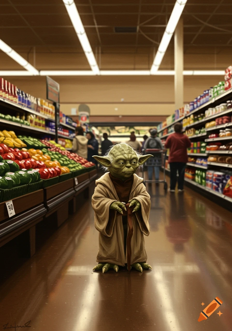 Yoda stands in the middle of a supermarket aisle, holding a cane, with shelves of produce and groceries on either side.