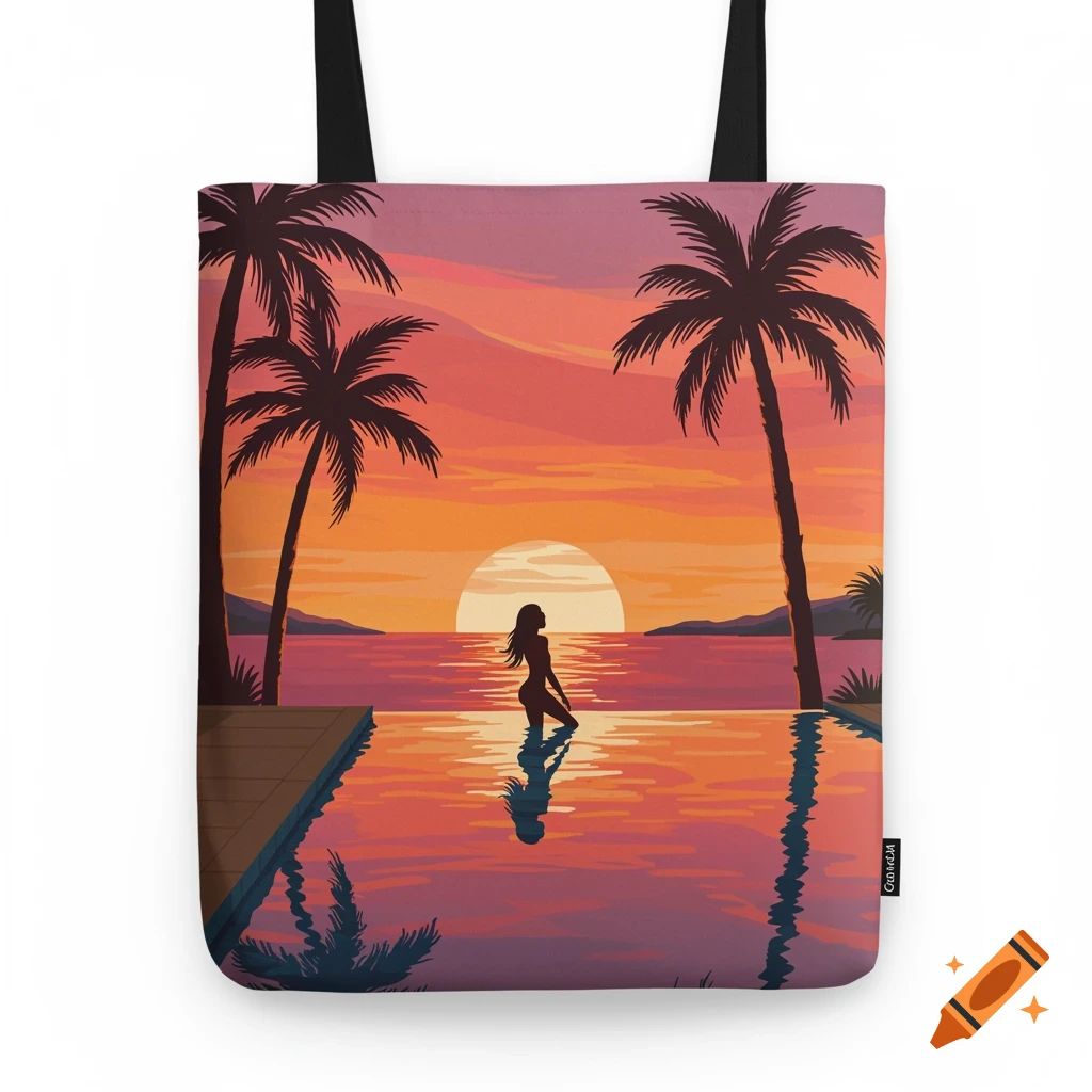 Stylized illustration of a woman in a pool at sunset with palm trees.
