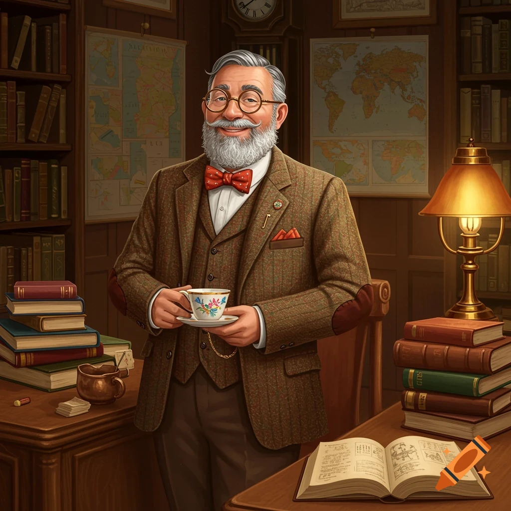 A distinguished man with a beard and glasses holds a teacup in a cozy library with bookshelves, maps, and stacked books.
