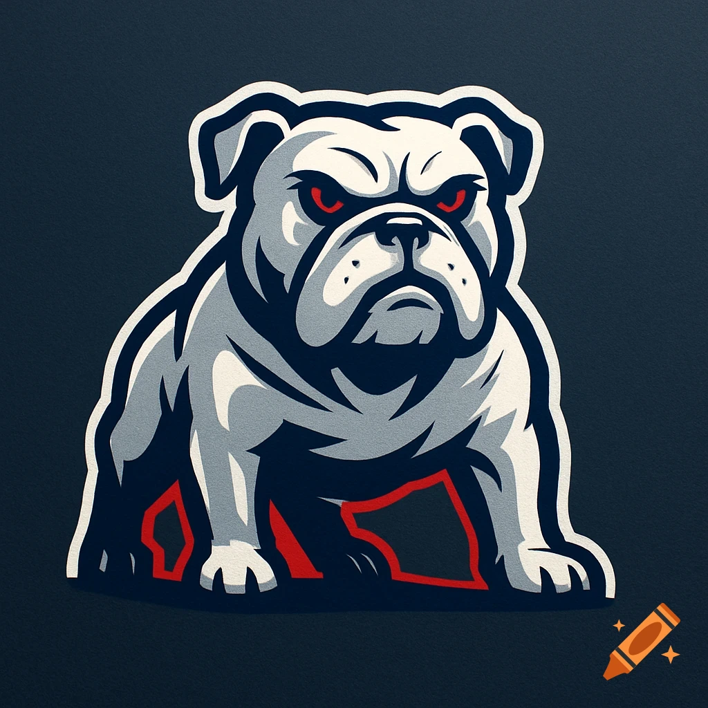 A white and gray bulldog mascot logo with red eyes and a fierce expression on a dark background.