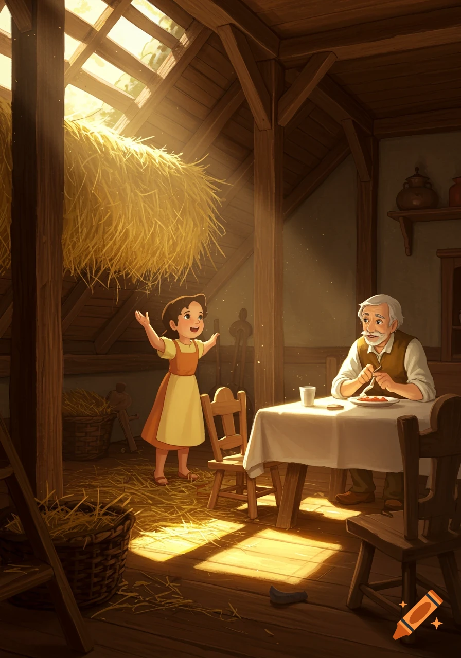 A young girl in a barn, arms outstretched in excitement, looks at sunlit hay as an old man eats at a table in an illustrative style.