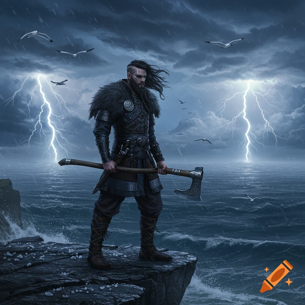A powerful Viking warrior stands on a cliff edge, holding an axe, as lightning strikes over a stormy sea.