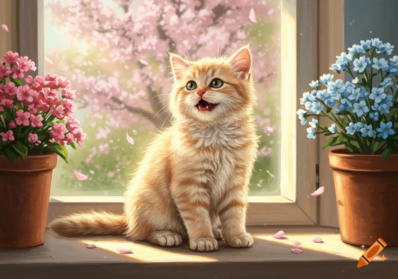 A cute orange tabby kitten sits on a sunlit windowsill between pots of pink and blue flowers, with cherry blossoms outside.