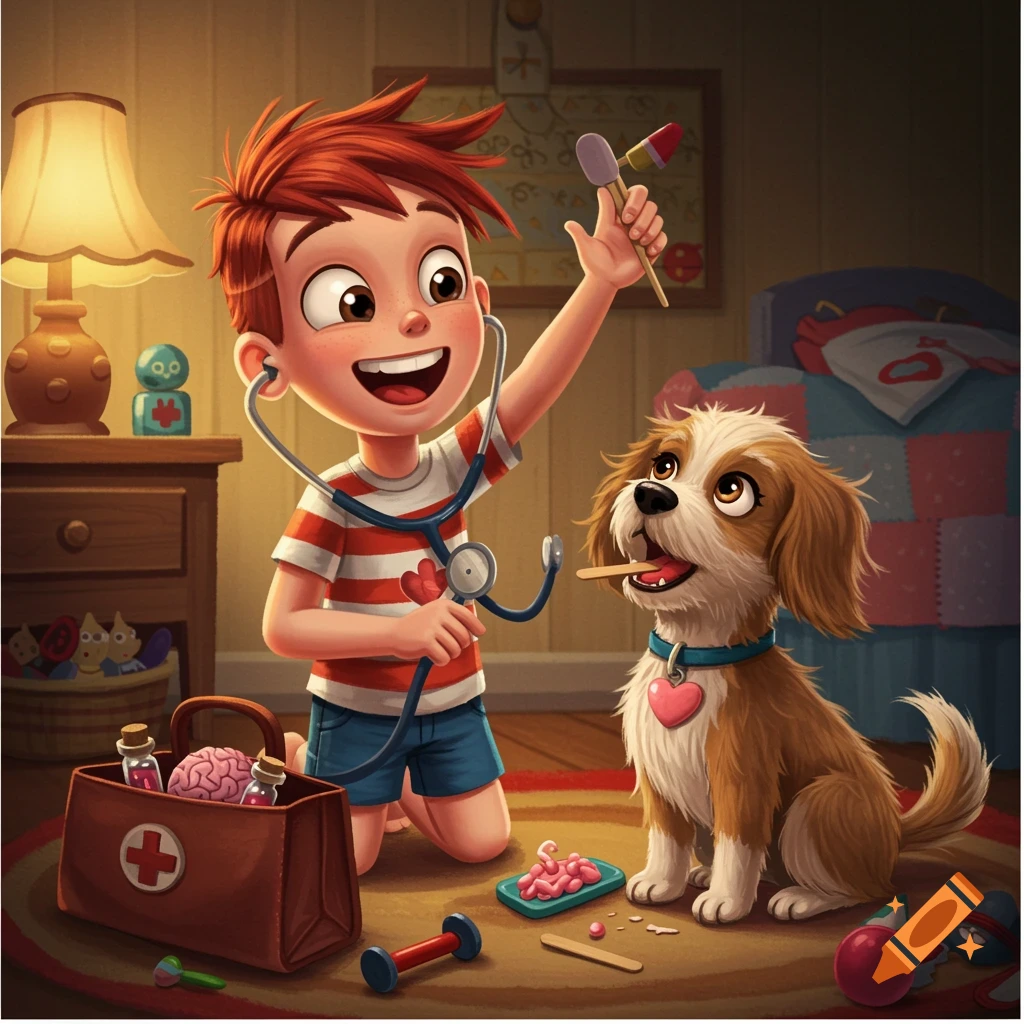 A happy cartoon boy playing doctor with his dog in a bedroom, holding a stethoscope and a popsicle stick.