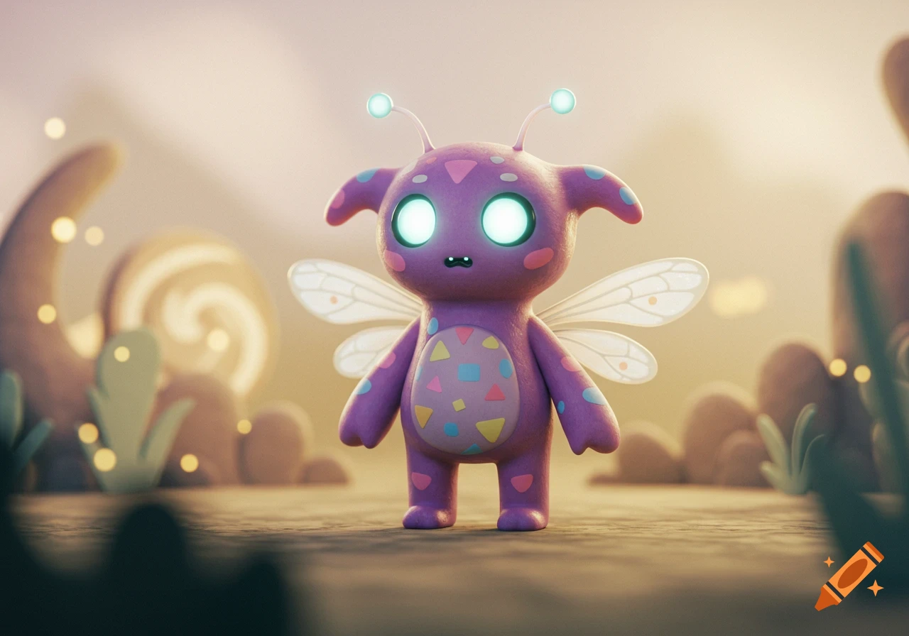 A cute purple monster with glowing eyes and fairy wings stands in a whimsical, pastel-colored landscape.
