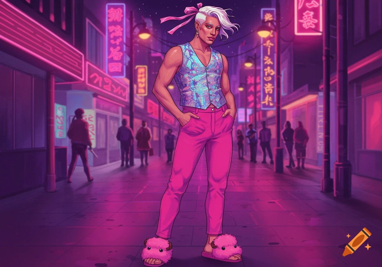 A male figure in fuchsia pedal-pushers, a snakeskin blouse, and pink yak-fur slippers stands on a neon-lit city street at night in a stylized illustration.