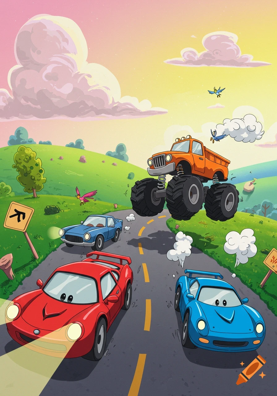 A vibrant cartoon illustration of three cars and a monster truck on a winding road through a green landscape under a colorful sky.