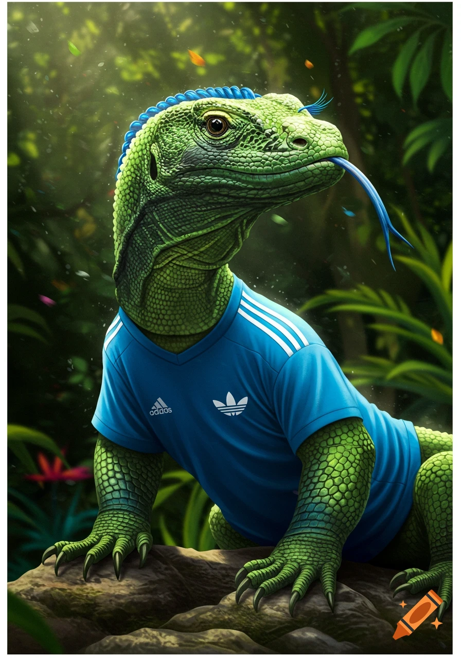A vibrant green Komodo dragon with blue scales and an extended blue tongue, wearing a blue Adidas t-shirt, stands in a lush jungle setting.